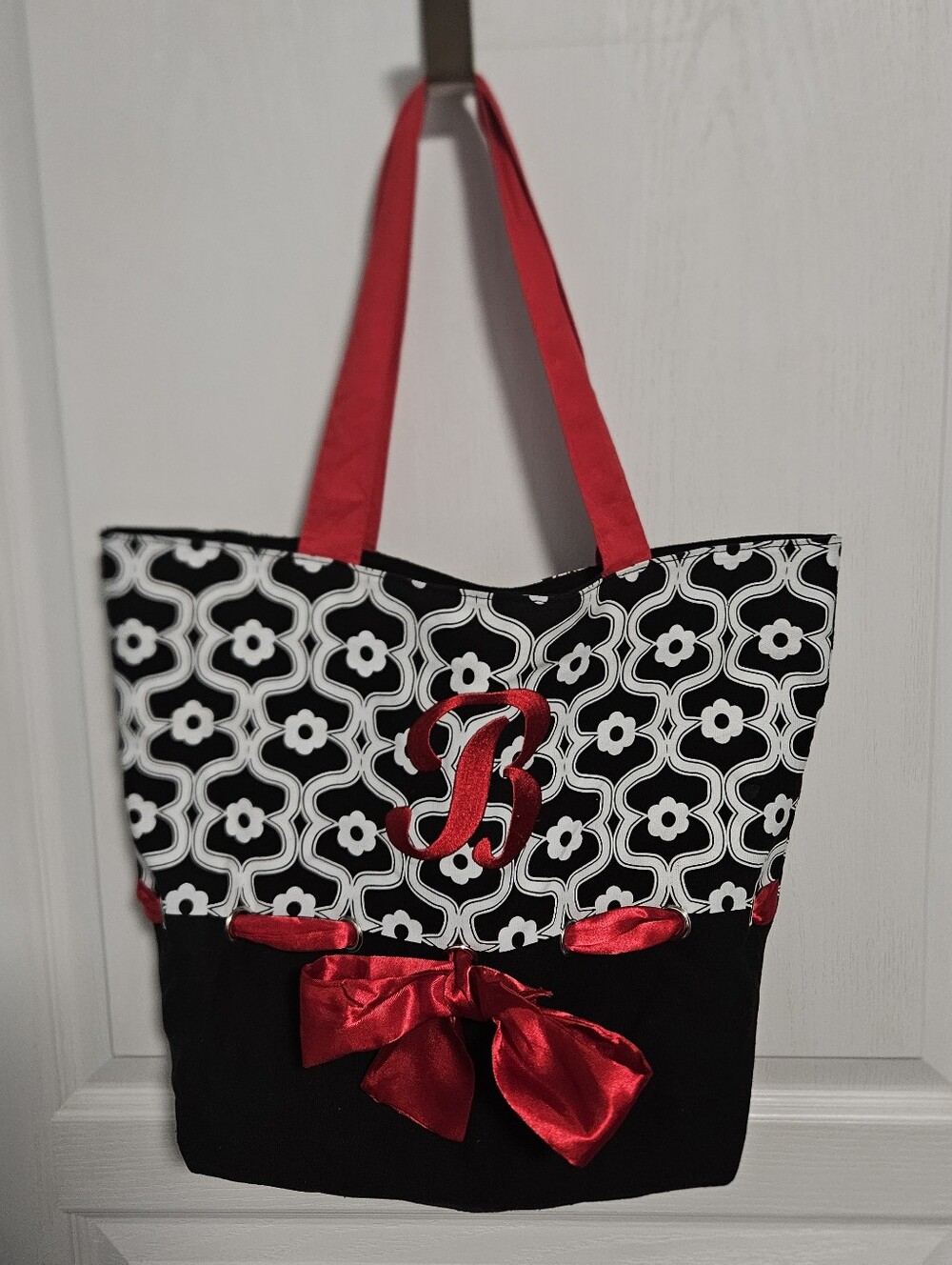 Monogram B Tote Bag Black White Red Floral Cotton Canvas Light Beach Travel